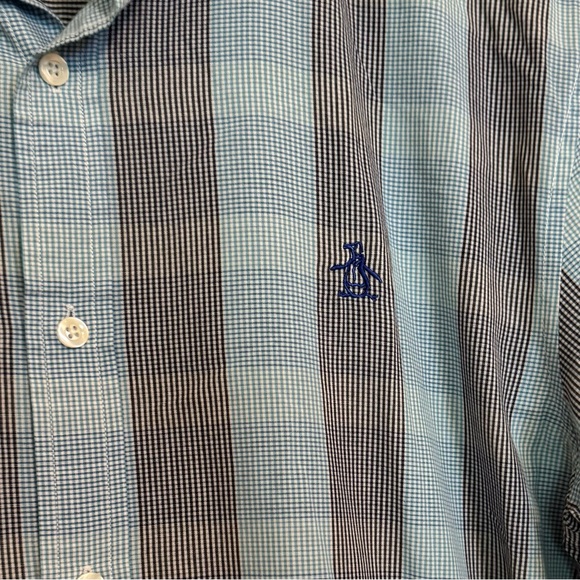 Penguin Munsingwear Mens Classic‎ SS Button Down Black Light Blue Plaid Shirt LG - Picture 2 of 8